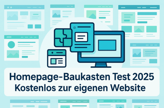 Modernes Titelbild mit Baukasten-Icon, Computerbildschirm und Website-Layouts für den Blogartikel „Homepage-Baukasten Test 2025: Kostenlos zur eigenen Website“.